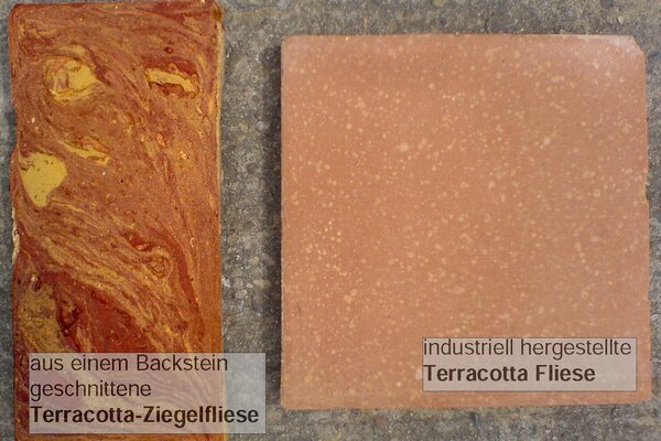 Ziegelfliesenmanufaktur | Vergleich Terracotta-Ziegelfliese gegen industriell gefertigte Terracottafliese